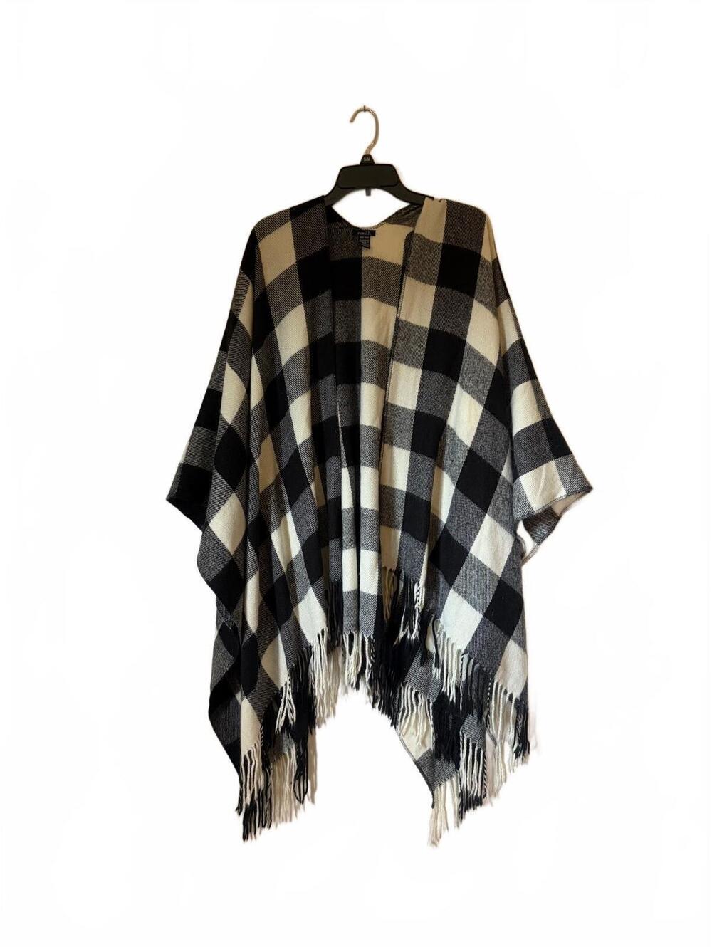 Black and White Checkered One Size Poncho with Fringe